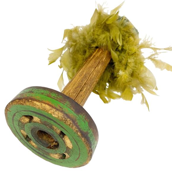 large vintage wooden green SPOOL hat holder brown feathers 11" tall - Picture 10 of 11